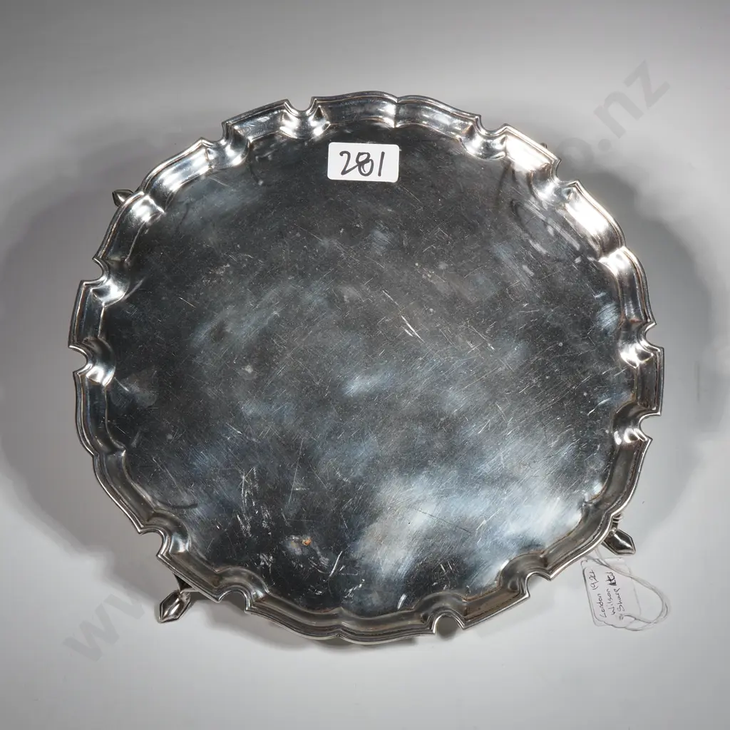 Sterling Silver Salver w Piecrust Edge On Three Scroll Feet  Image 1++