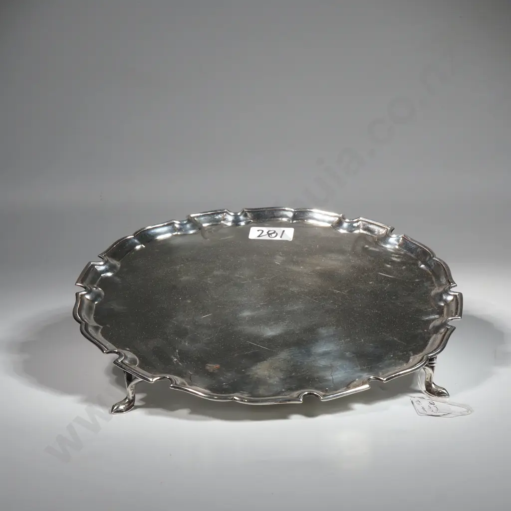 Sterling Silver Salver w Piecrust Edge On Three Scroll Feet  Image 1++