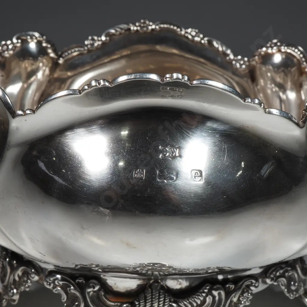 Sterling Silver Scalloped Rimmed Double Handled Bowl On Four Ornate Feet  Image 1++