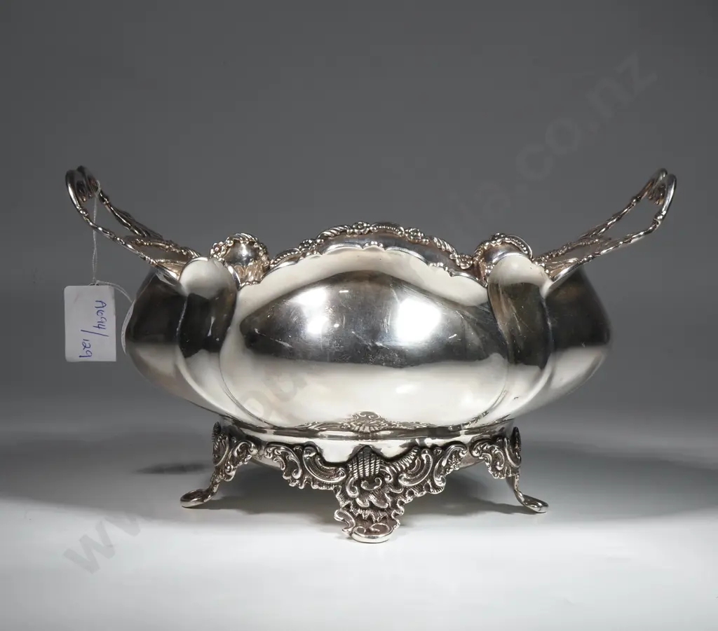 Sterling Silver Scalloped Rimmed Double Handled Bowl On Four Ornate Feet  Image 1++