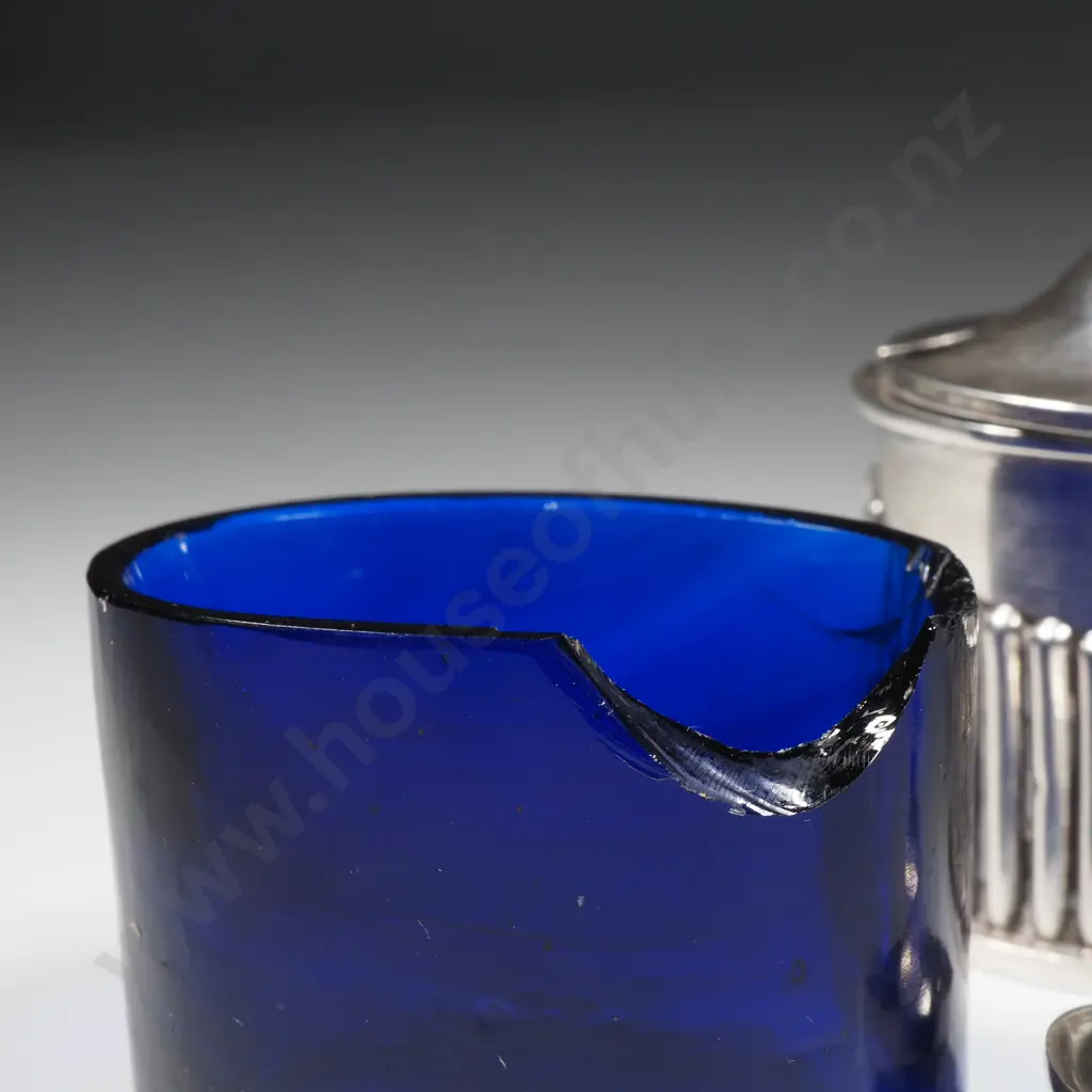 Sterling Silver Adams Shaped Mustard Pot w Blue Glass Liner & Spoon Image 1++