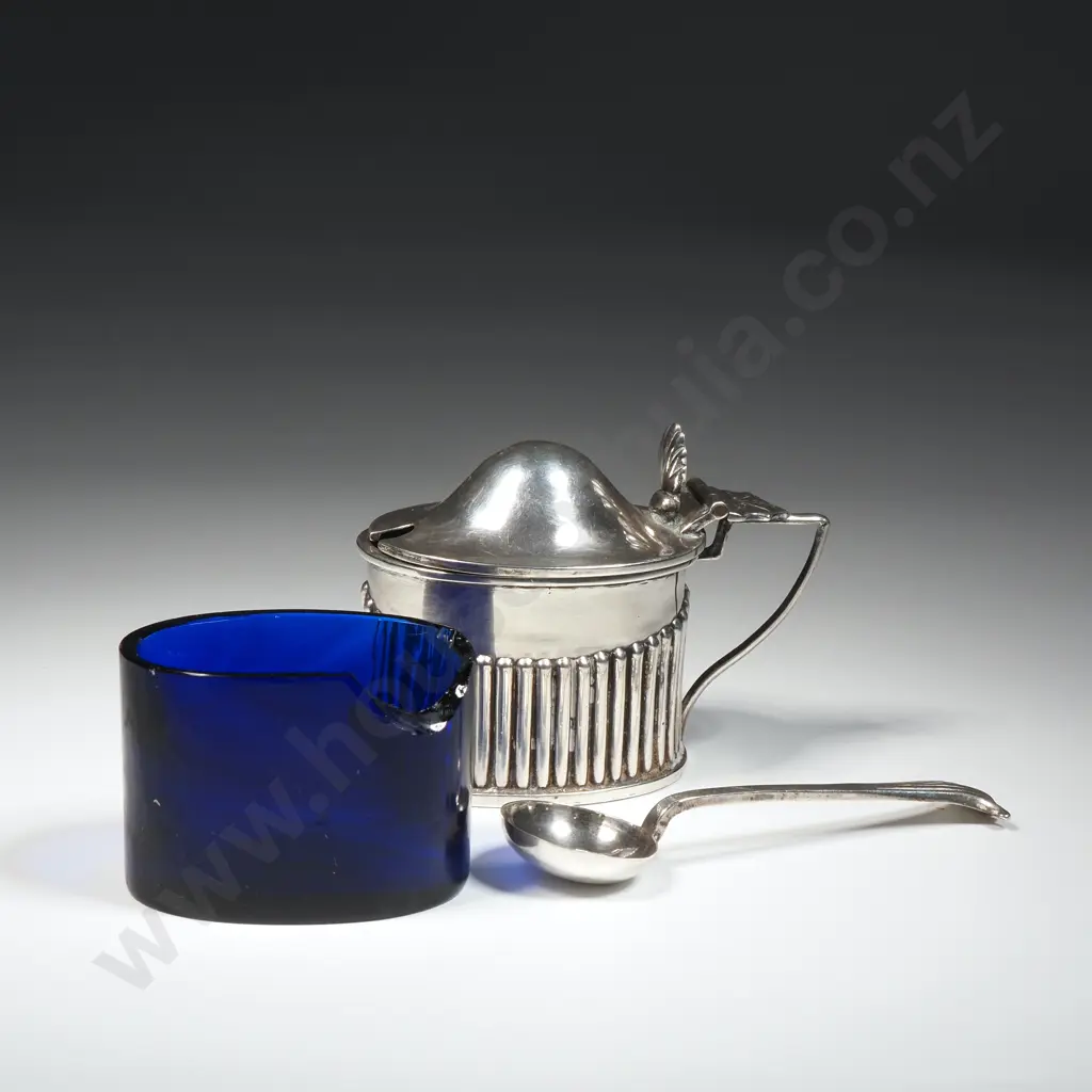 Sterling Silver Adams Shaped Mustard Pot w Blue Glass Liner & Spoon Image 1++