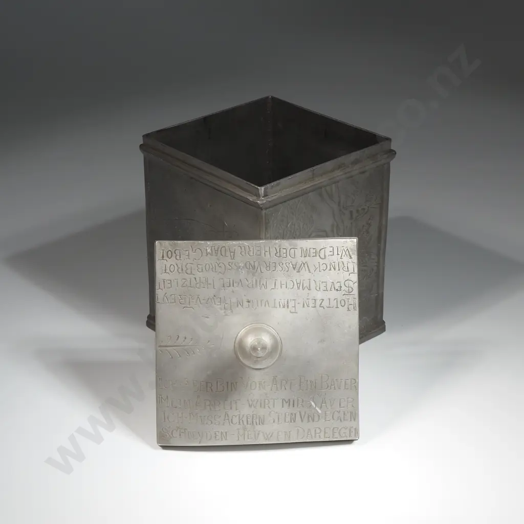 German Pewter Tea/Tobacco Caddy With Pewter Stamped Etched Farming SceneThe Lid in German Depicting Hard Toil & Ascetism Image 1++