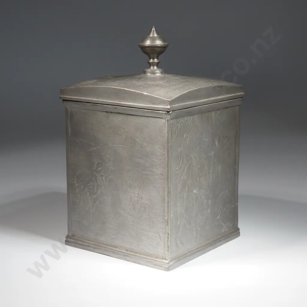 German Pewter Tea/Tobacco Caddy With Pewter Stamped Etched Farming SceneThe Lid in German Depicting Hard Toil & Ascetism Image 1++
