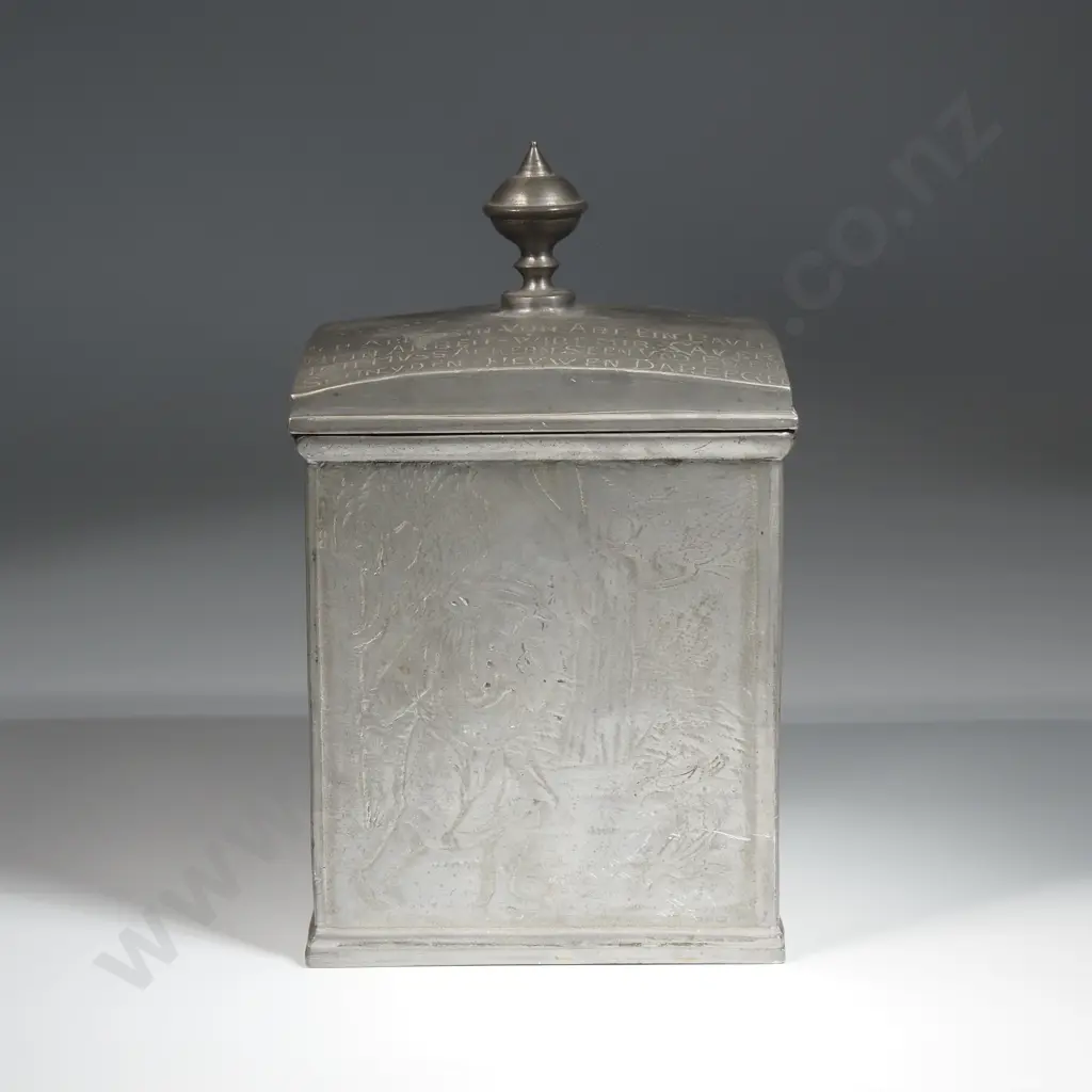German Pewter Tea/Tobacco Caddy With Pewter Stamped Etched Farming SceneThe Lid in German Depicting Hard Toil & Ascetism Image 1++