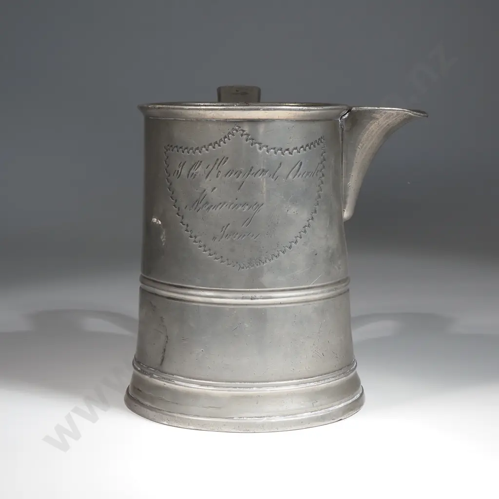 Quart Pewter Tavern Jug with Spout, Turned Rim & "Strap" Style Handle & Thumb Piece. Hand Inscribed In A Shield Shape Image 1++