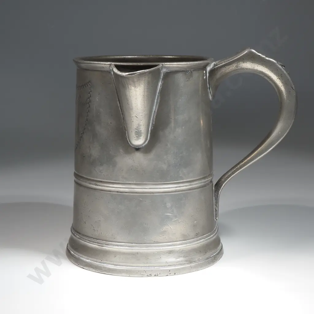 Quart Pewter Tavern Jug with Spout, Turned Rim & "Strap" Style Handle & Thumb Piece. Hand Inscribed In A Shield Shape Image 1++