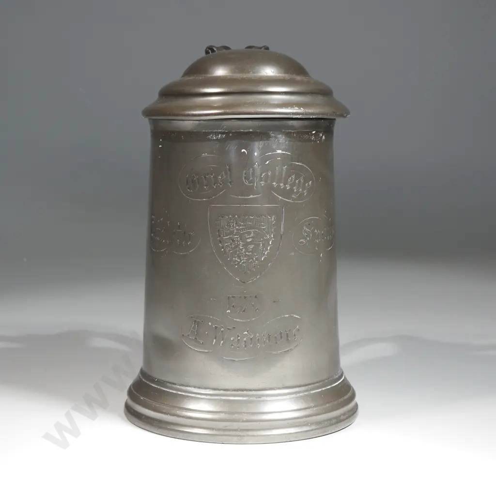Antique Lidded Pewter Glass Bottomed Mug with Strap Handle "Oriel  College Athletic Sports 1870"  Image 1++