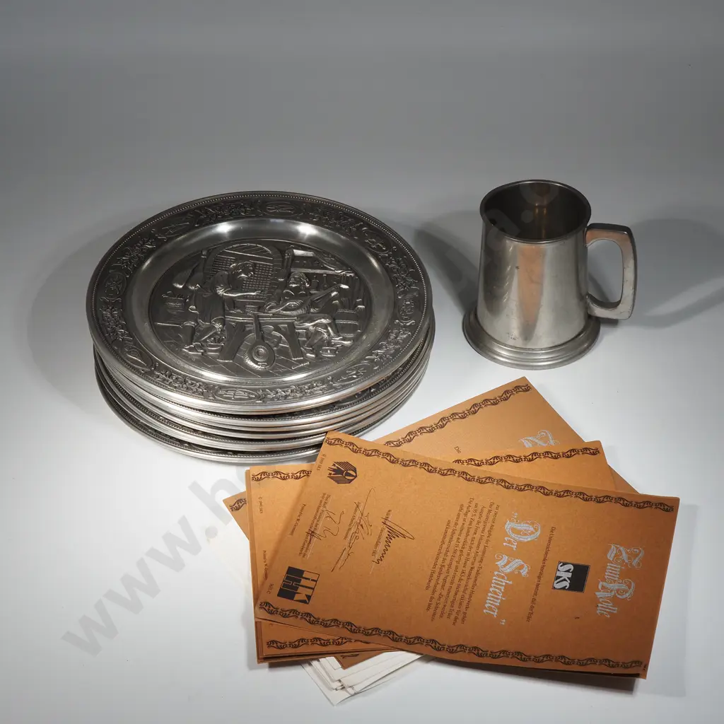 Eight SKS Tradionelles Handwerk Der Schneider Pewter Plates - Crafts In High Relief with Certificates & Pewter Mug Image 1++