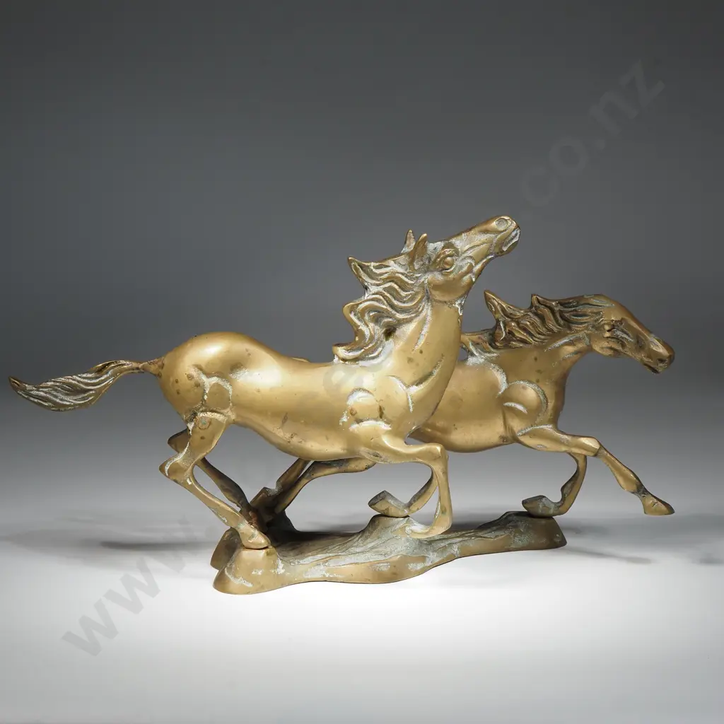 Brass Statue Depicting Two Galloping Horses Image 1++