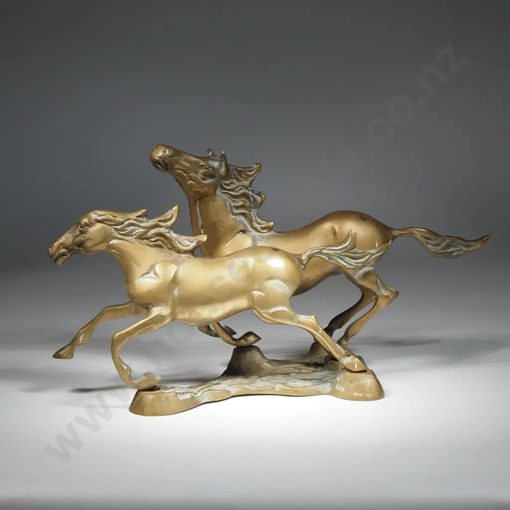 Brass Statue Depicting Two Galloping Horses Image 1++