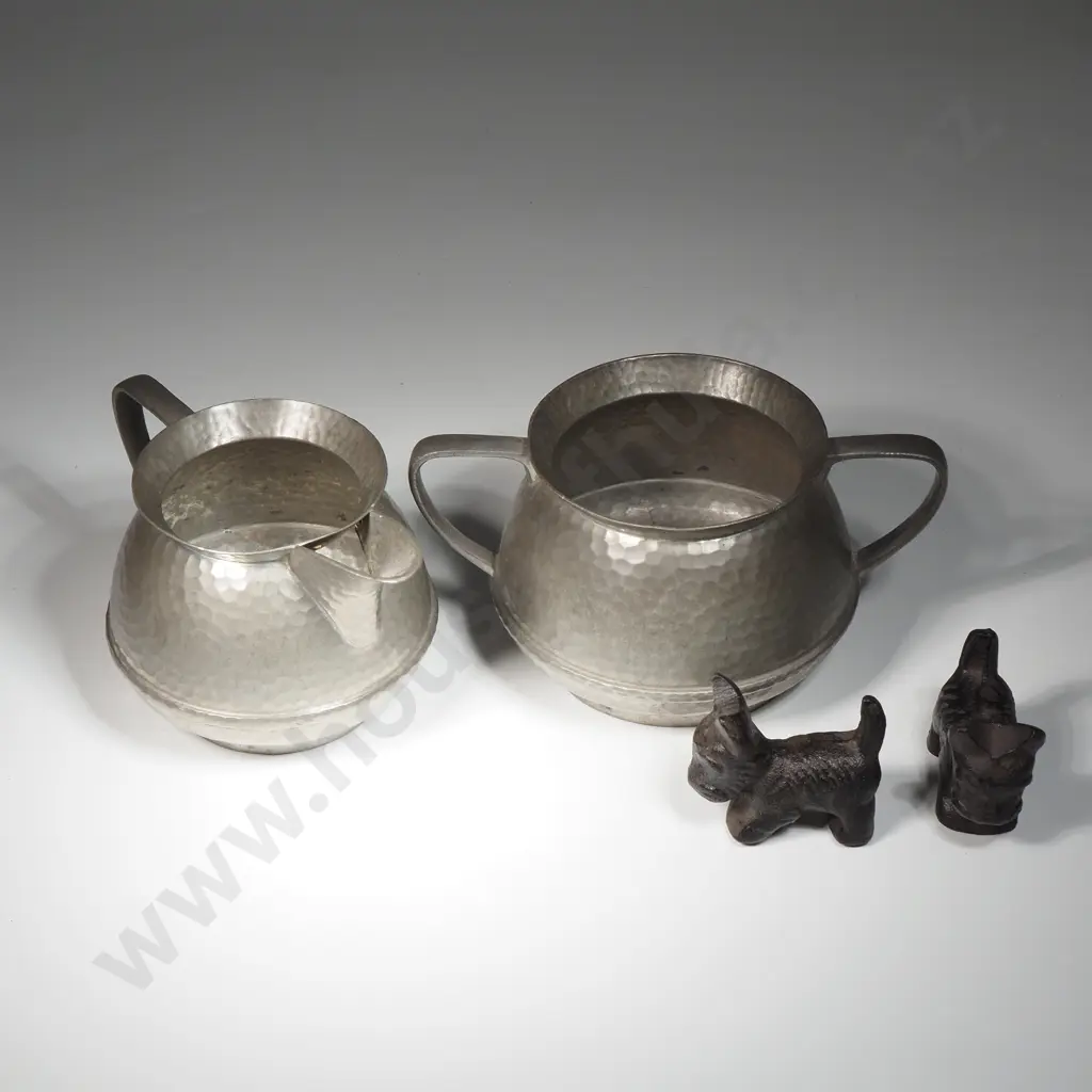 Beaten Pewter Sugar & Creamer & Two Cast Iron Scottie Dogs Image 1++