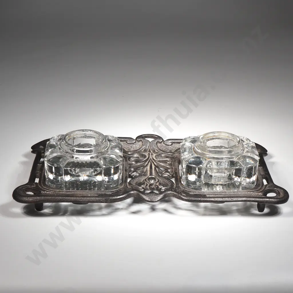 Antique Art Nouveau  Cast Iron Desk Set  w Two Glass Inkwells & Pen Rest Image 1++