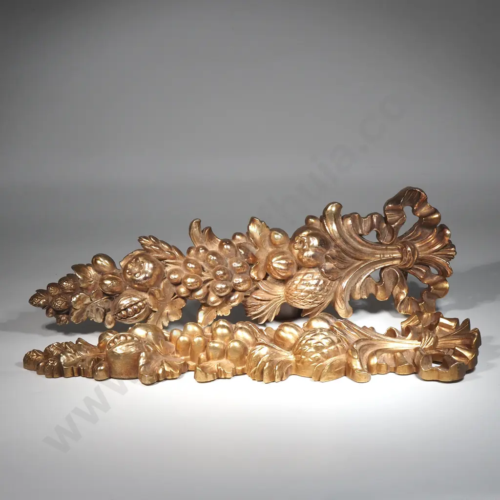 Pair Of Vintage Heavily Carved Gilt Wood Fruit Wall Hangings Image 1++