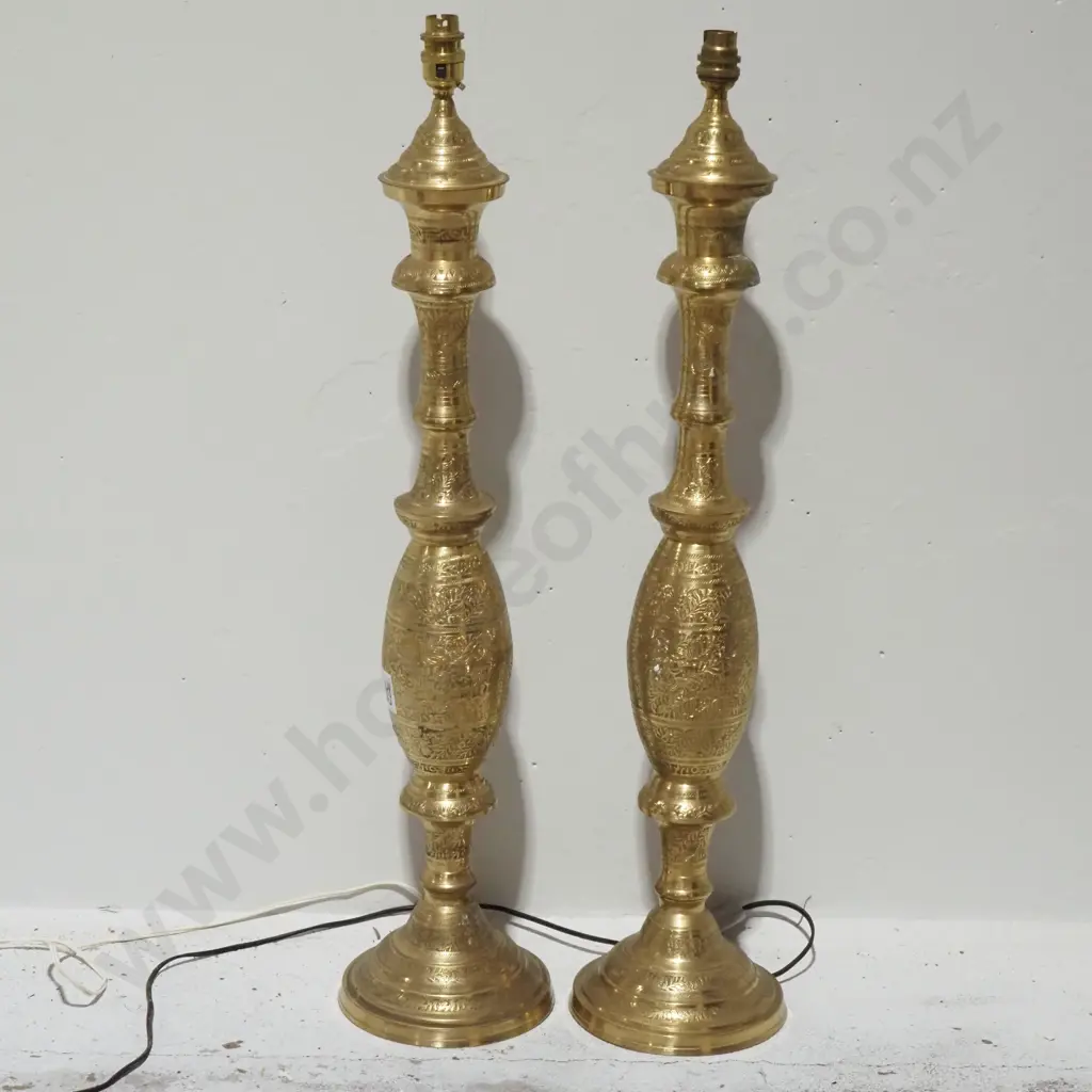 Pair of Large Engraved Indian Brass Lamps. Image 1++