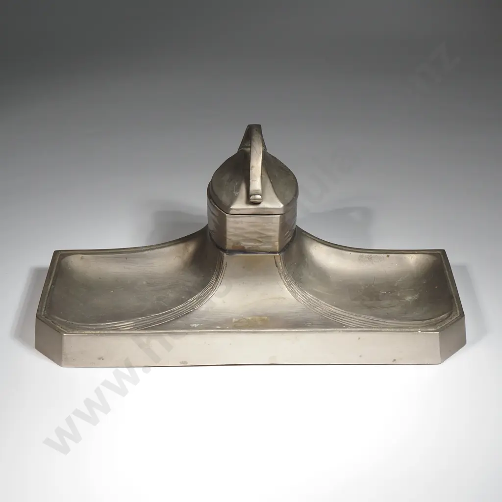 German Jugendstil Pewter Inkstand Of Rectangular Form with Central Inkwell Containing A Ceramic Inkwell  Image 1++