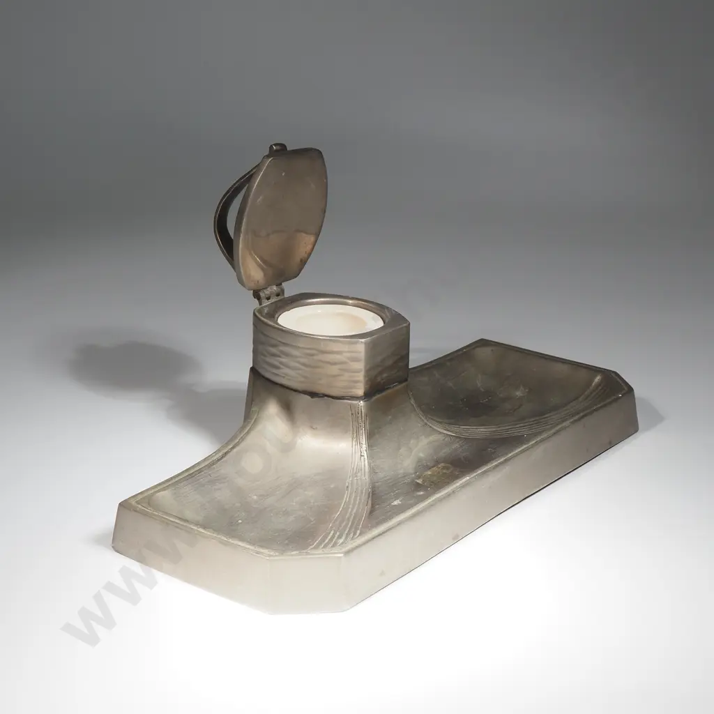 German Jugendstil Pewter Inkstand Of Rectangular Form with Central Inkwell Containing A Ceramic Inkwell  Image 1++