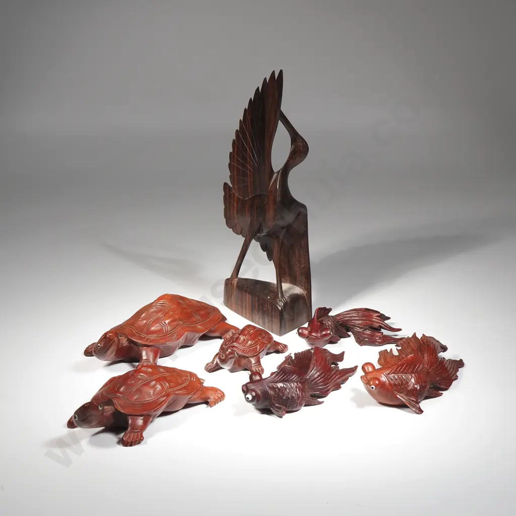 Seven Wooden Animal Figures Including Three Tortoises, Three Gold Fish & An Ebony Balinese Bird Figure Image 1++