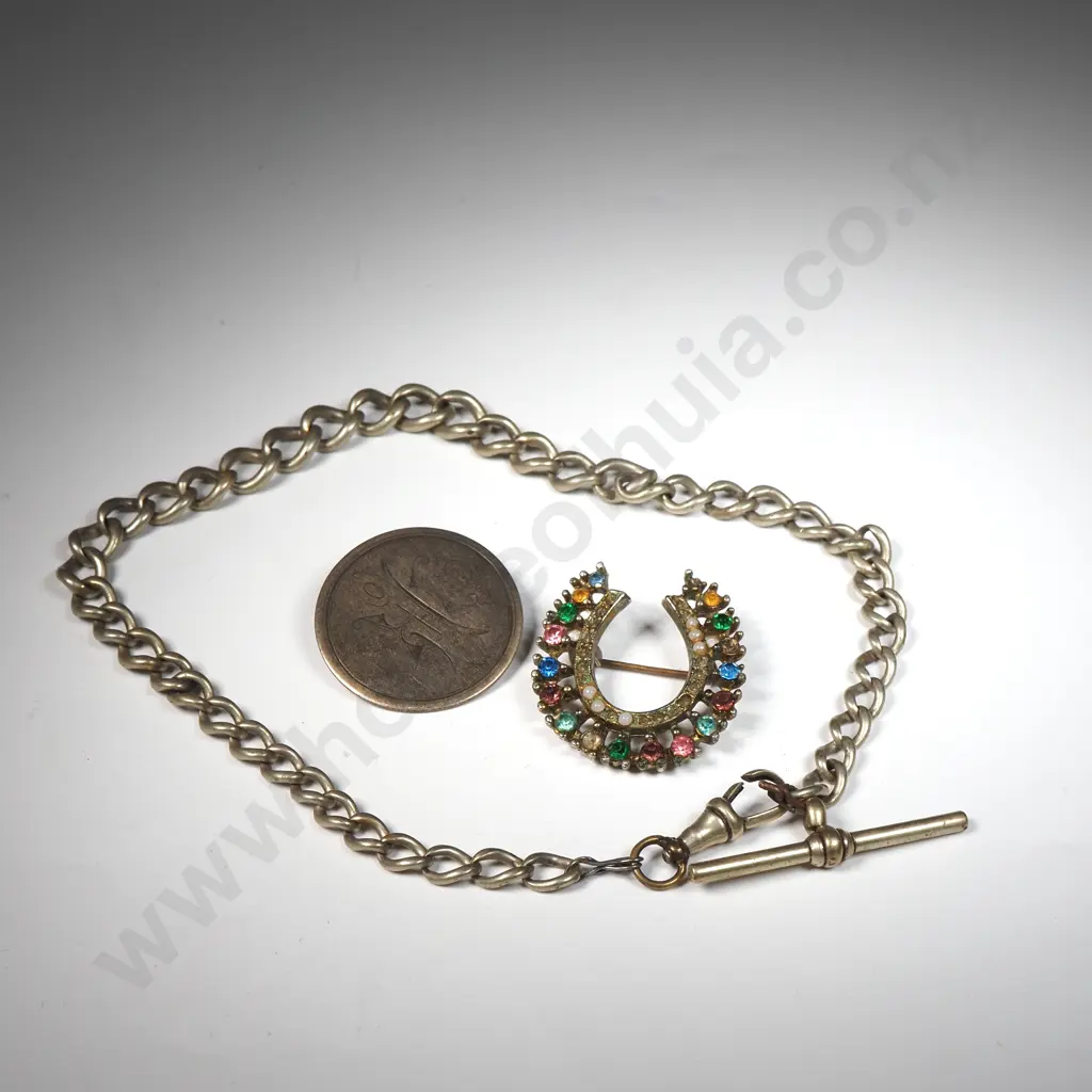 Vintage Silver Plate Watch Chain w T Bar, Vintage Silver Plate Button w Initials & Rhinestone Horseshoe Brooch (a/f) Image 1++