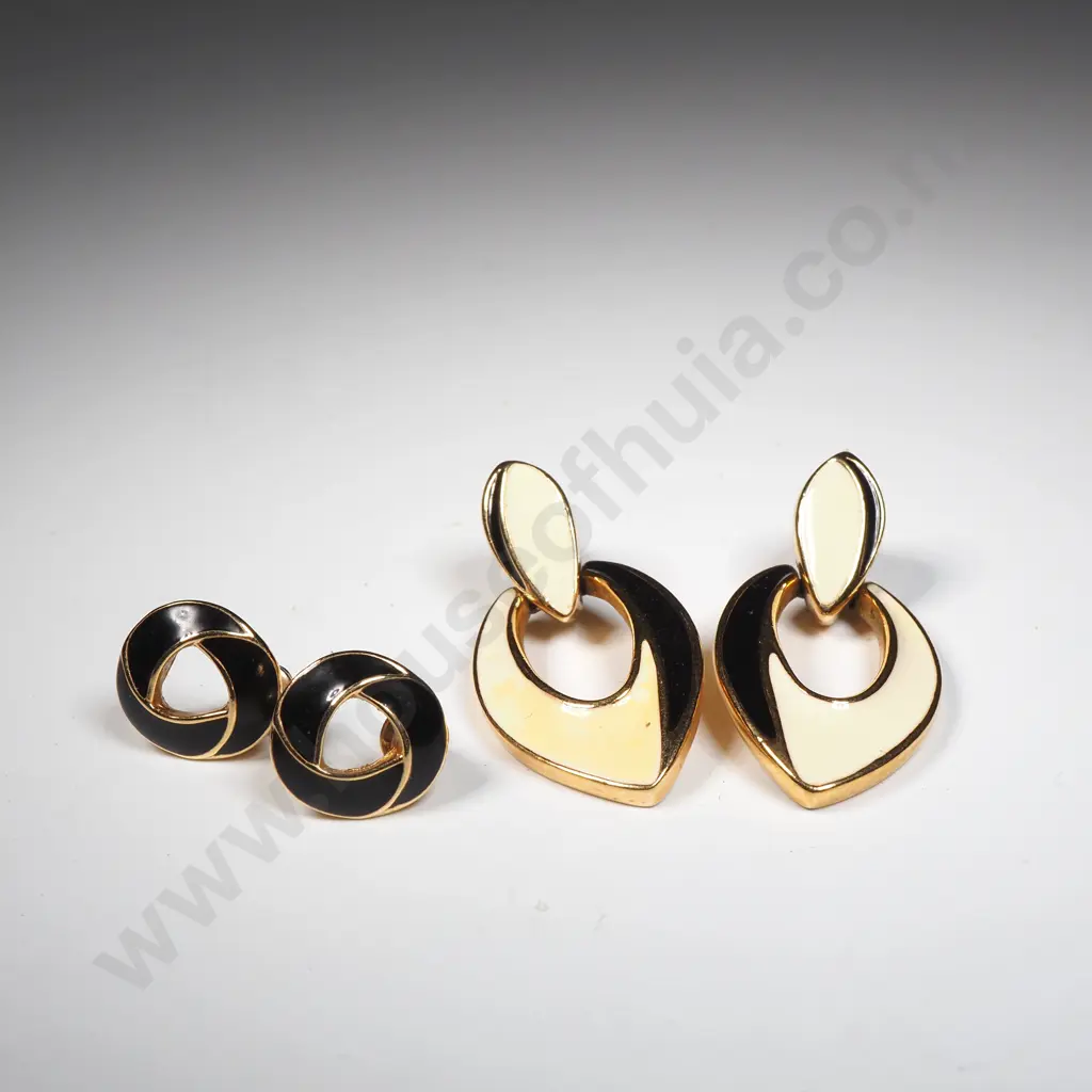 Art Deco Style Trifari Drop Earrings w Yellow & Black Enamel  Image 1++