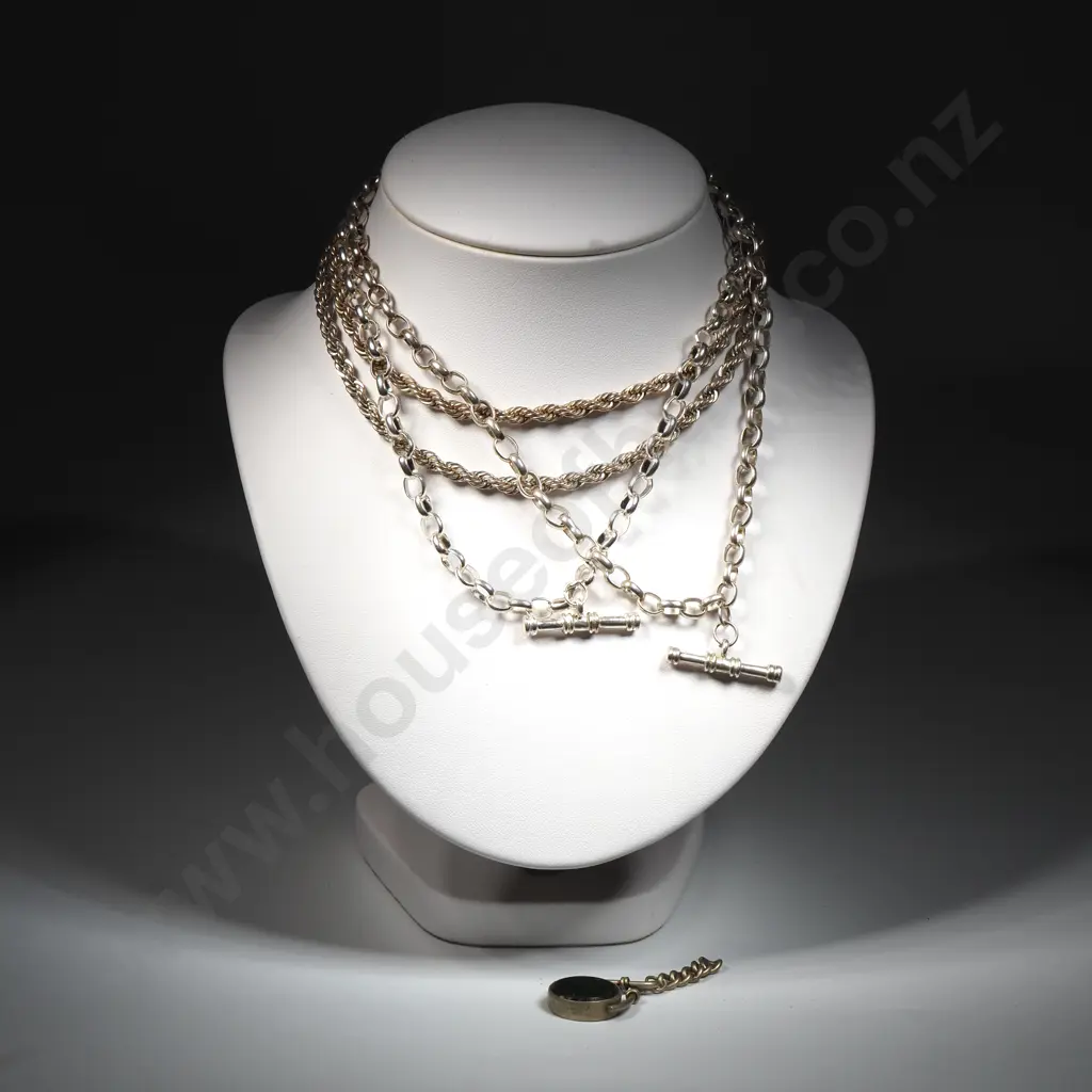 Two Silver Tone Watch Chain Style Necklaces, Rope Necklace & An Antique Swivel Fob (a/f) Image 1++