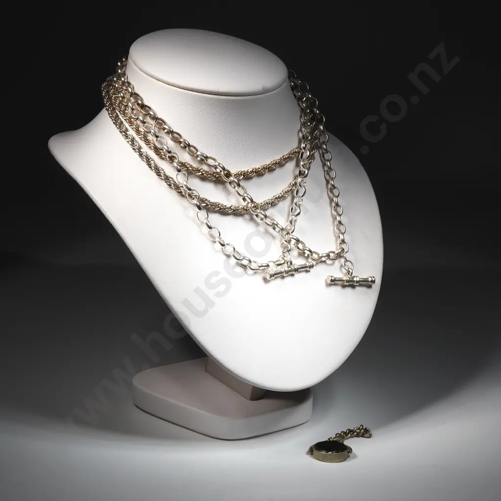 Two Silver Tone Watch Chain Style Necklaces, Rope Necklace & An Antique Swivel Fob (a/f) Image 1++