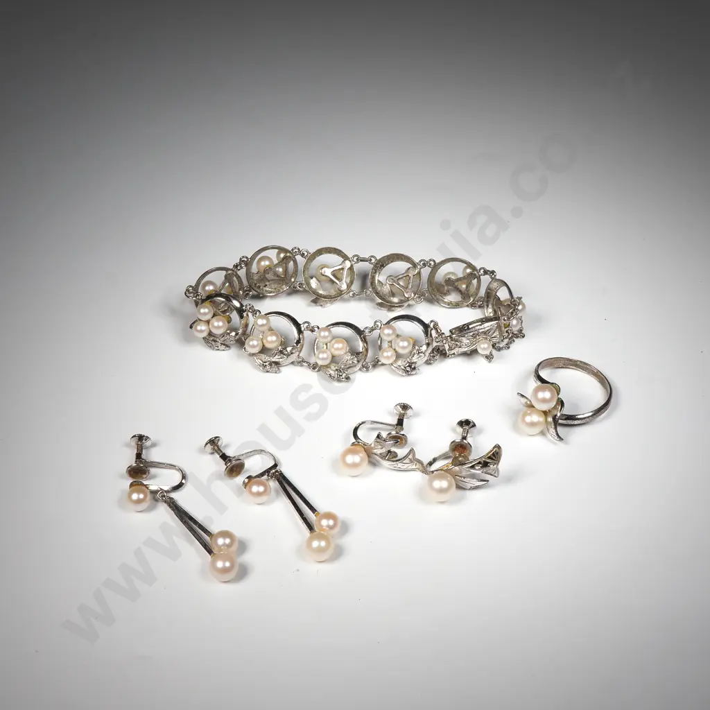 Faux Pearl Bracelet, Ring & Three Pairs Of Earrings  Image 1++