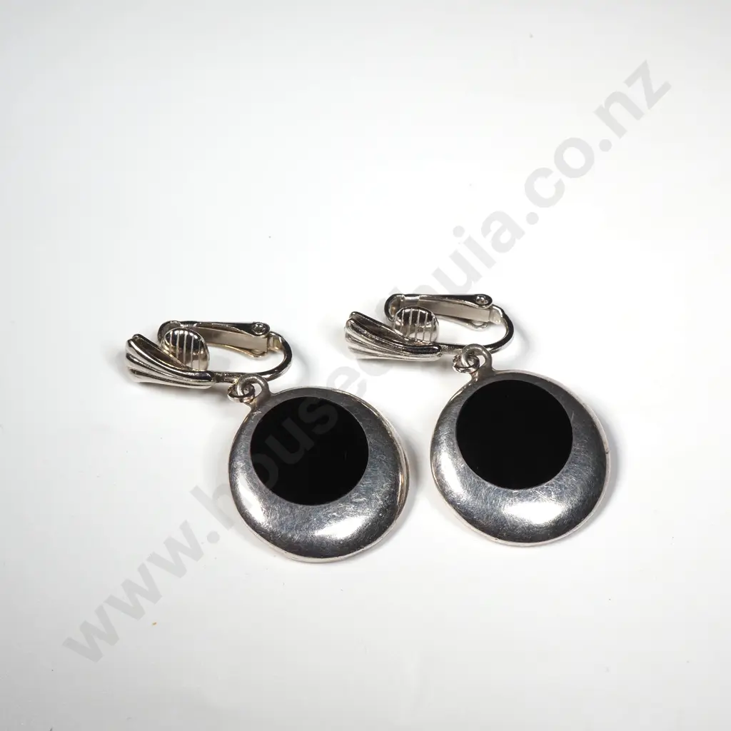 Pair of Sterling Silver & Black Enamel Drop Earrings  Image 1++