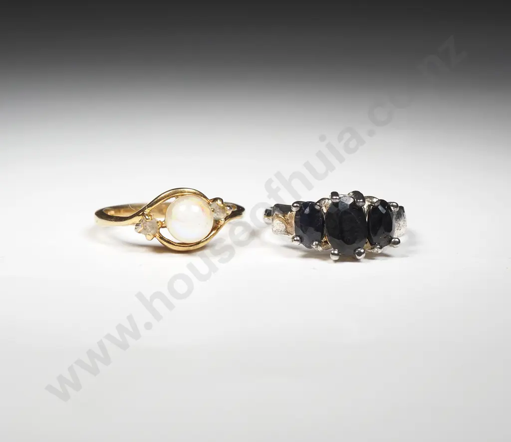 Two Costume Jewellery Rings. One Set w Three Blue Stones & The Other w A Faux Pearl  Image 1++