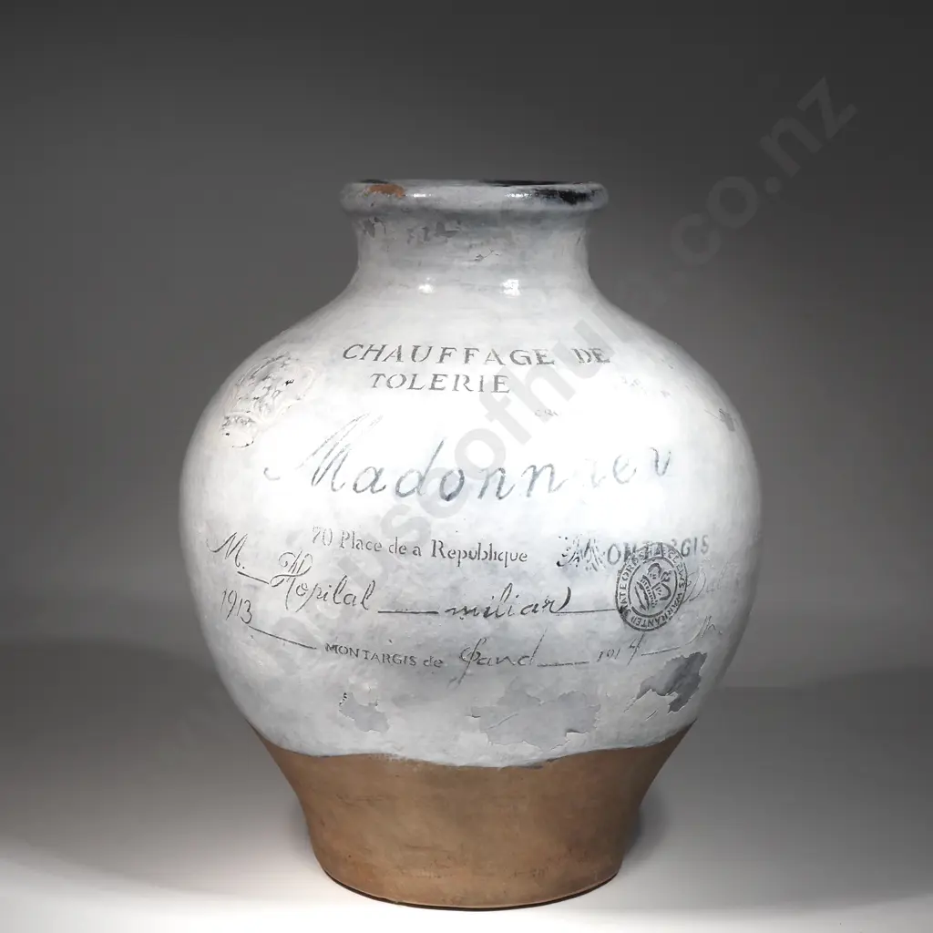 Large Terracotta Whitewash Glazed  Vase With French Style Writing "Chauffage De Tolerie" Image 1++