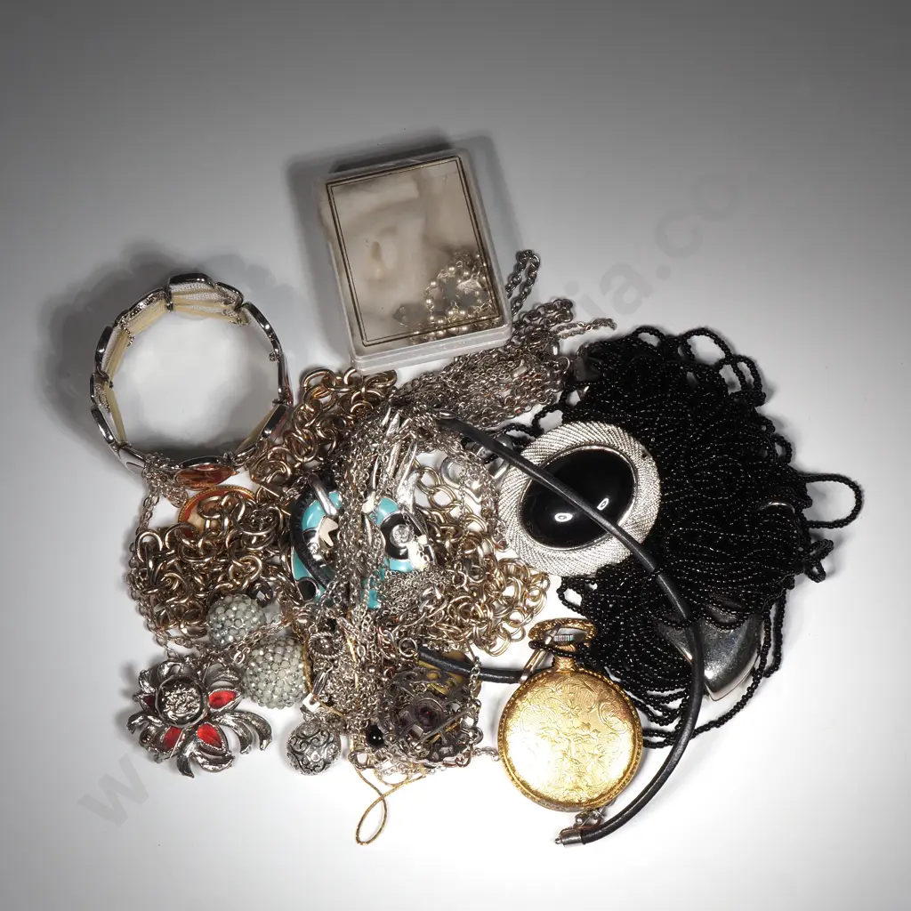 Large Quantity Of Costume Jewellery Including An Italian Mosaic Brooch, Pocket Watch/Necklace, Brooches  Image 1++