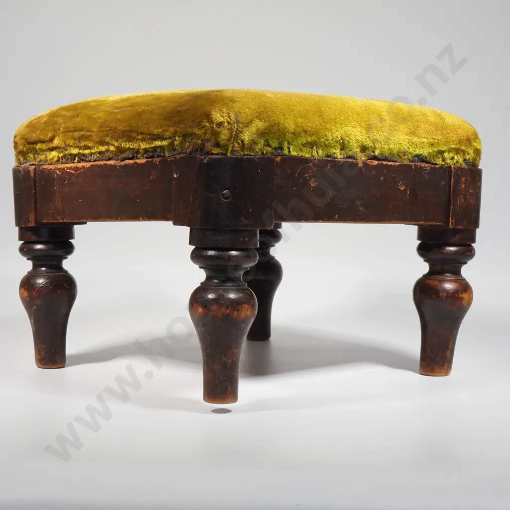 Antique Wooden Footstool Upholstered In Leather & W Turned Legs.  Image 1++