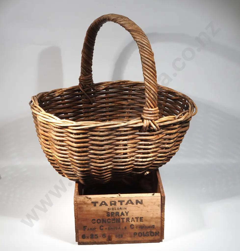 Large Woven Rattan Basket with Handle & A Vintage Box For Tartan "Dieldrin Spray Concentrate"  Image 1++