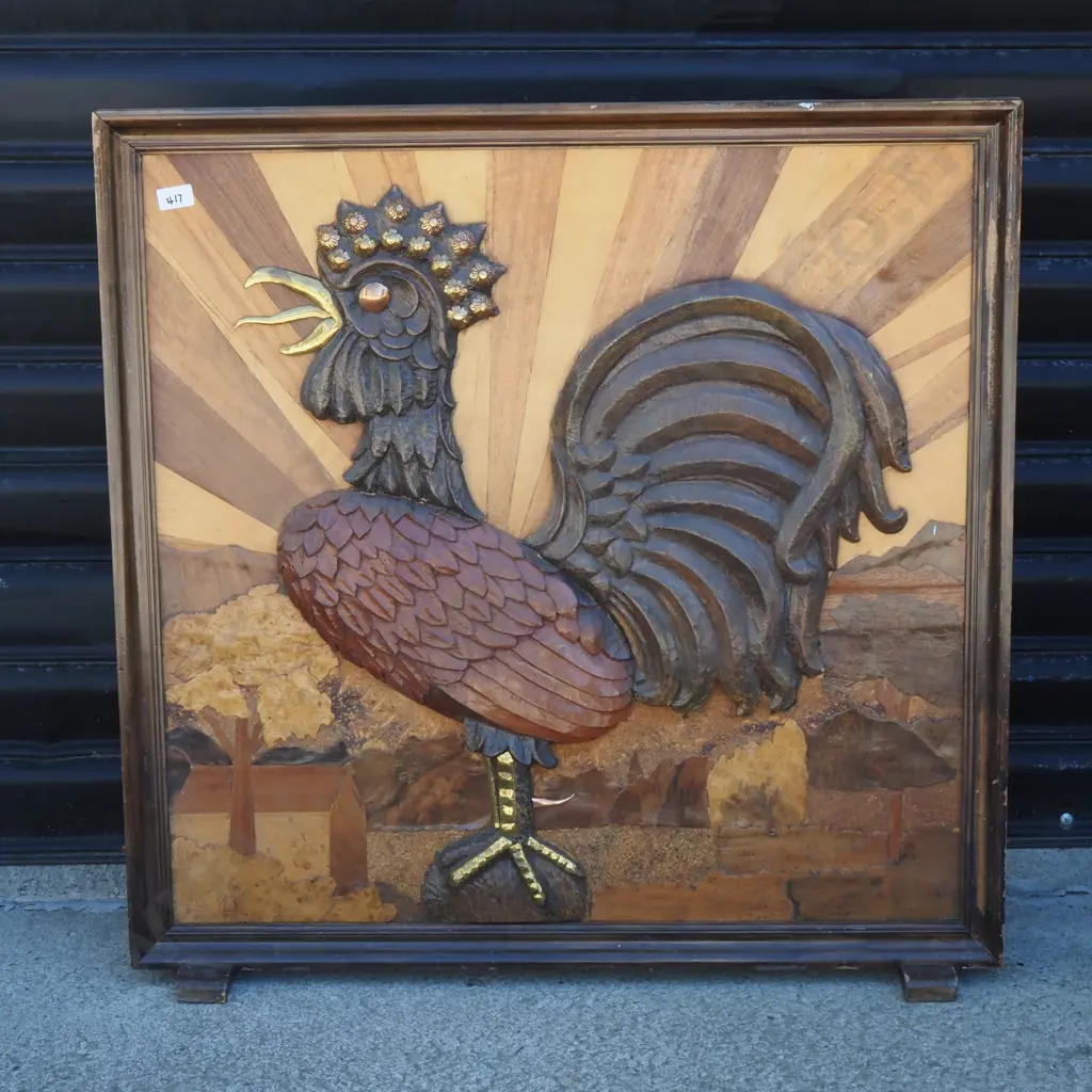 Inlaid Wood  Fire Screen with Crowing Cockerel   In Front Of A Sunburst Image 1++