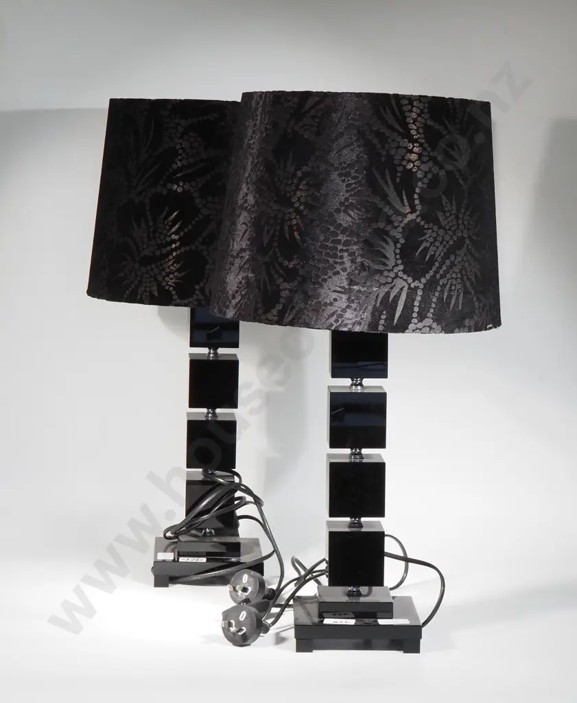 Pair Of Acrylic Black Stacked Geometric Table Lamps & Shades Image 1++