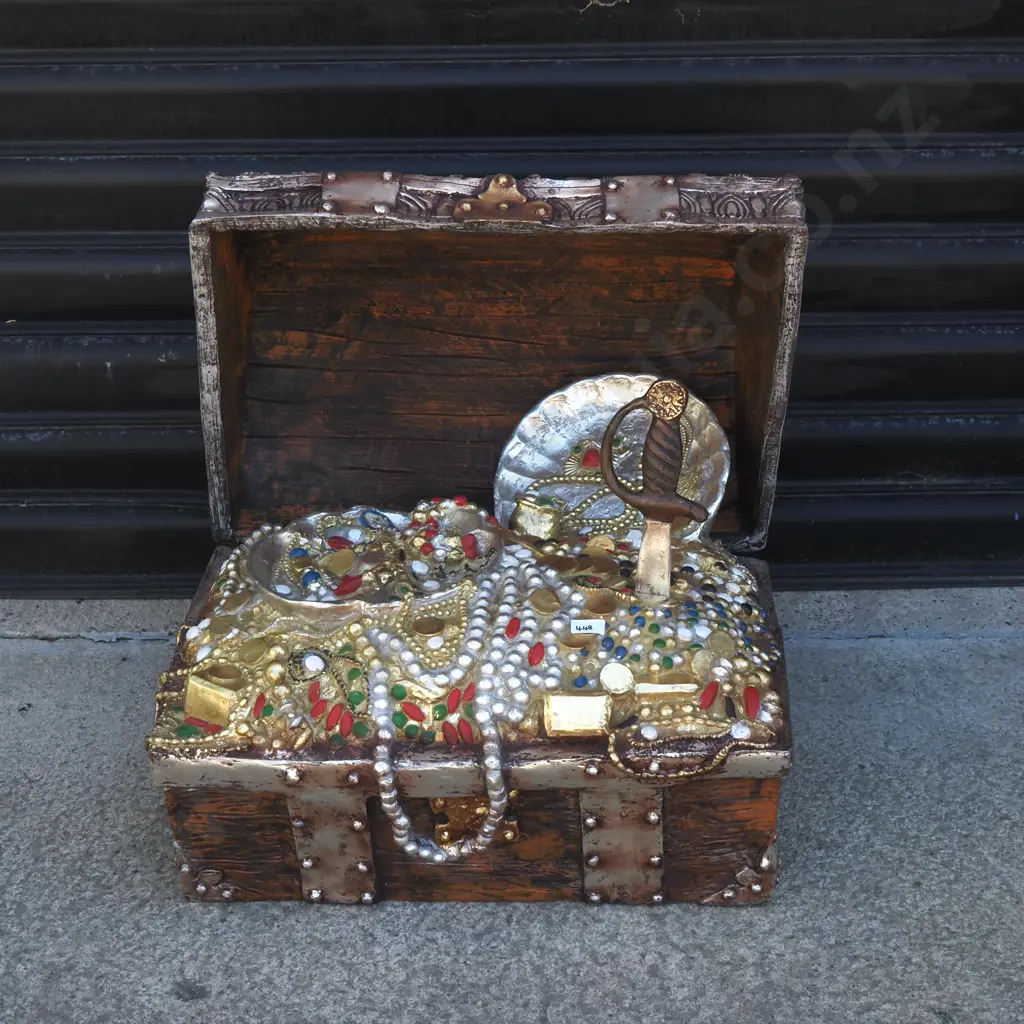 Large Life Size Resin Open Treasure Chest Containing Coins & Jewels. Image 1++