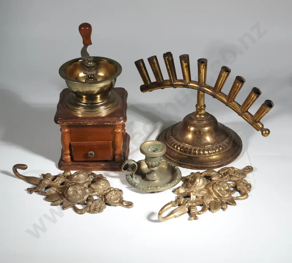 Brass Nine Branch  Menorah, Wooden & Brass Coffee Grinder, Pair of Ornate Brass Wall Hooks & a Small Candlestick Image 1++