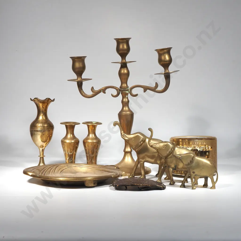 Three Branch Candelabra, Three Small Brass Elephants, Three Brass Vases, Art Nouveau Style Plate,  A Rhythm Quartz Clock Image 1++