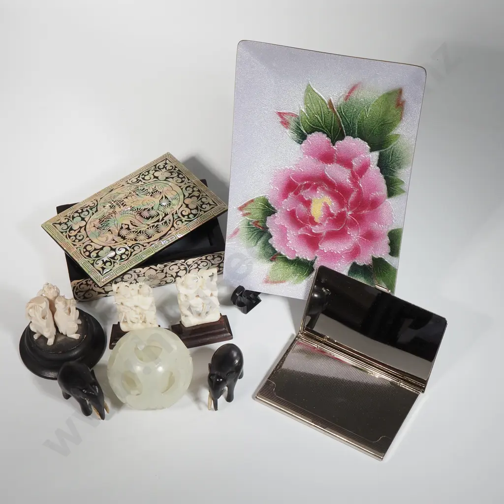 Five Figurines & a Ball within a Ball AF. Trinket Dish w Display Stand (New). Holographic Card Case. Lacquer Inlaid Box. Image 1++