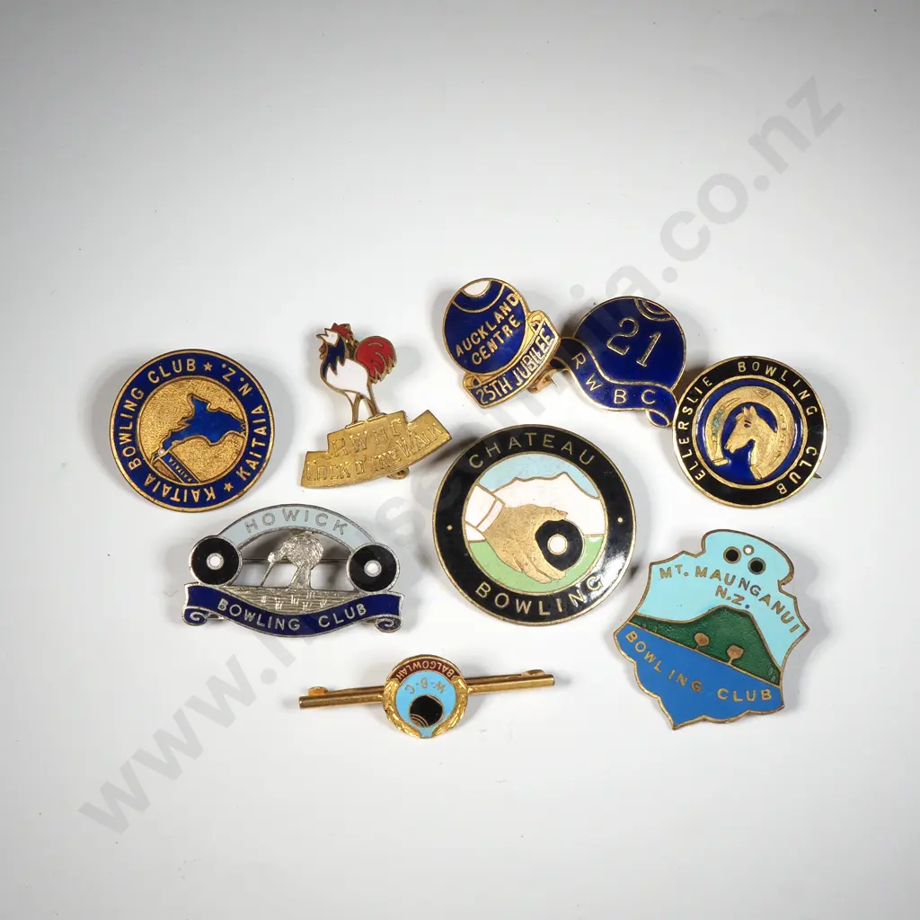 Collection Of Nine NZ Bowling Club Enamelled Badges Image 1++