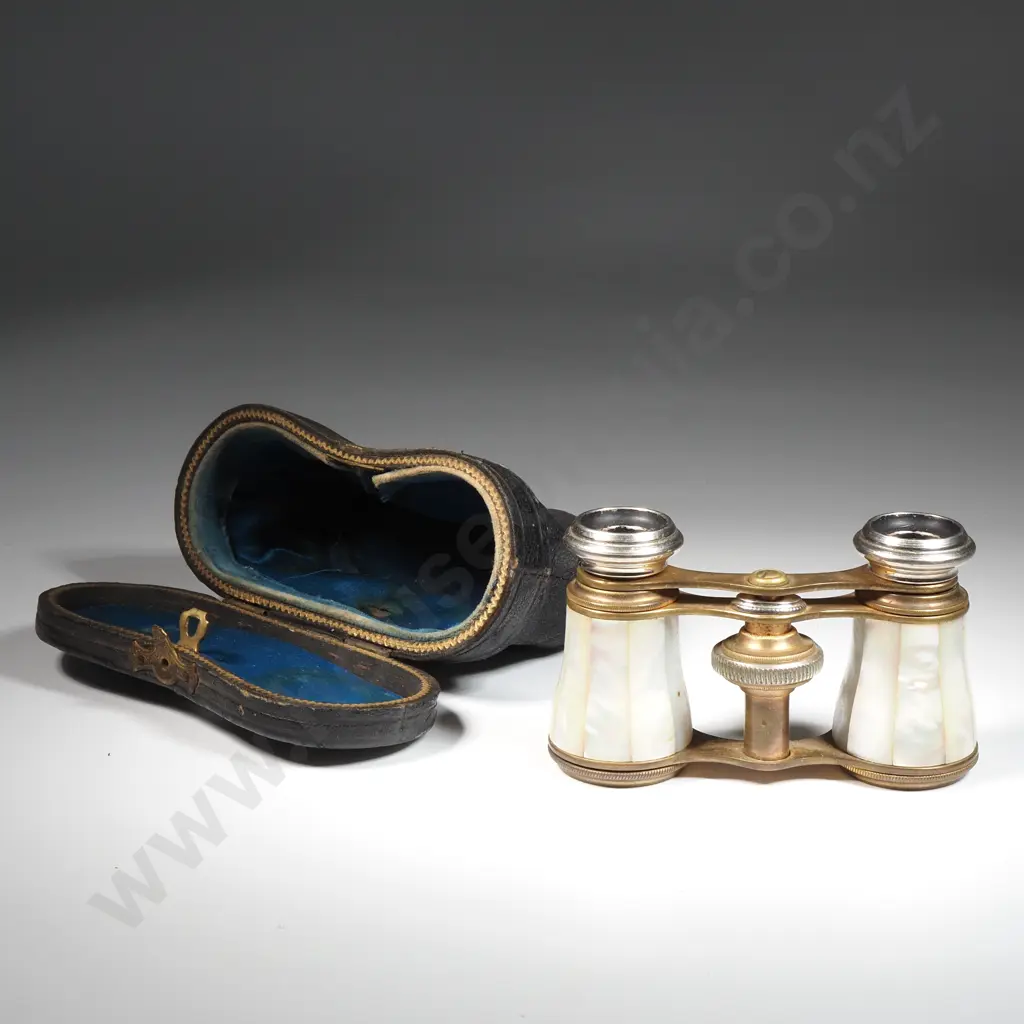 Pair Of Mother Of Pearl Opera Glasses In Original Leather Case Image 1++