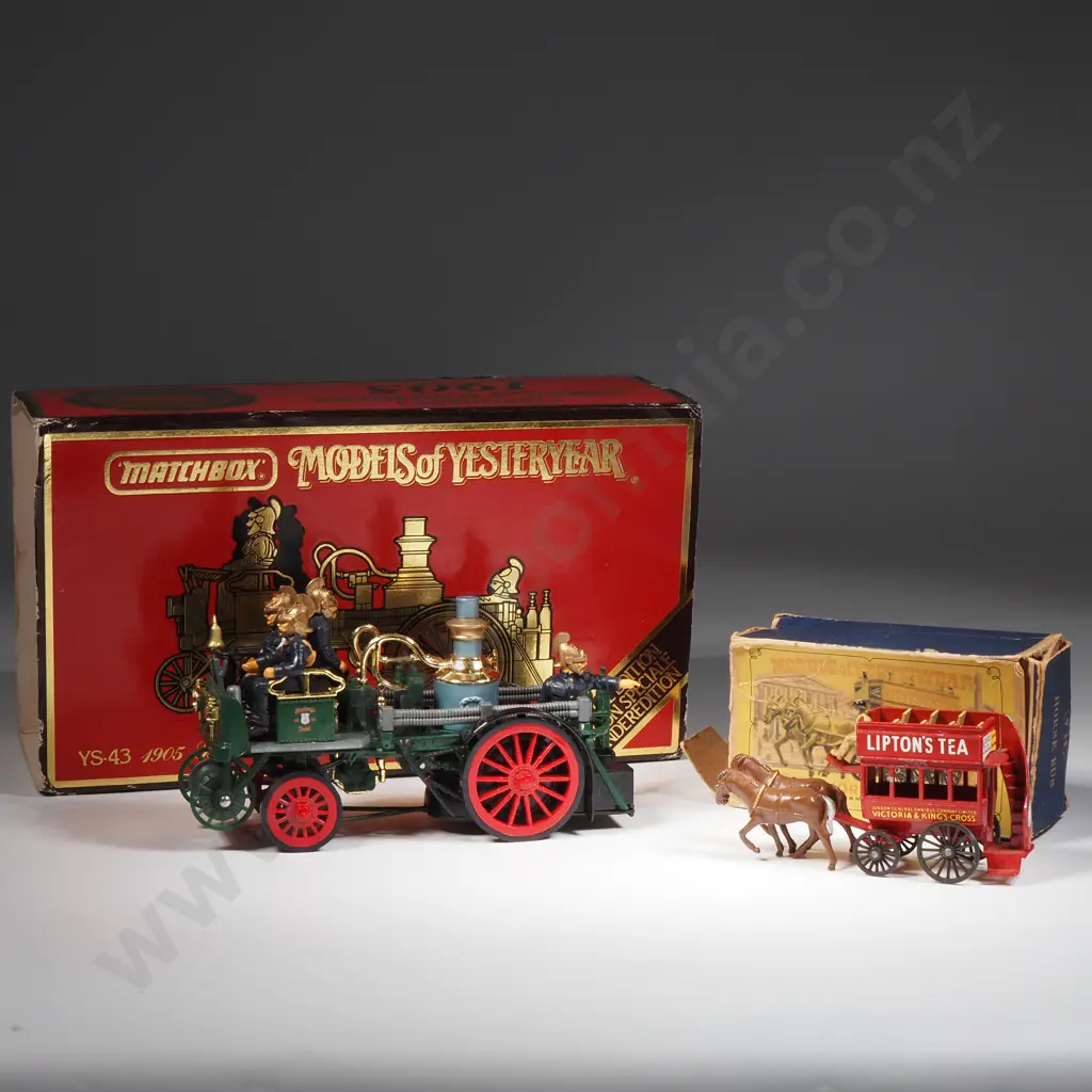 Matchbox Models of Yesteryear 1991 Y43 1905 Busch Self Propelled Fire Engine Mb & No 12 Horse Drawn Bus Lipton's Tea Image 1++
