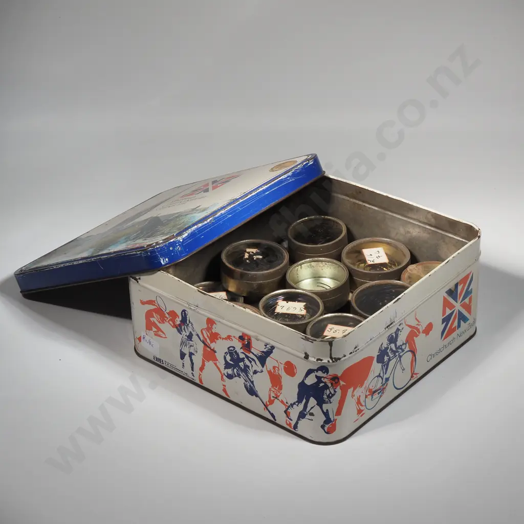Christchurch Commonwealth Games Tin Containing Vintage Small Tins w Watch Parts Image 1++