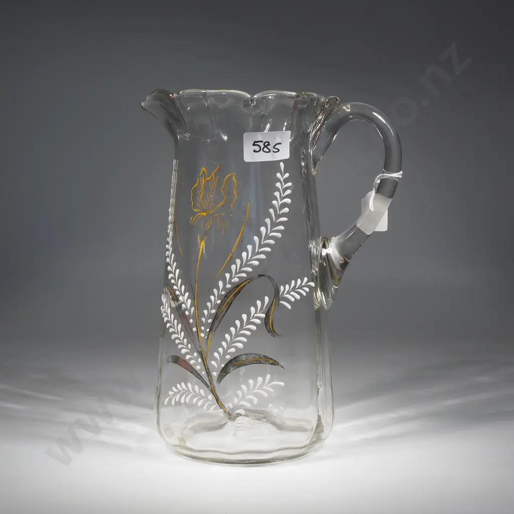 Vintage Clear Glass Jug With  Scalloped Rim & Floral Enamel Decoration Image 1++