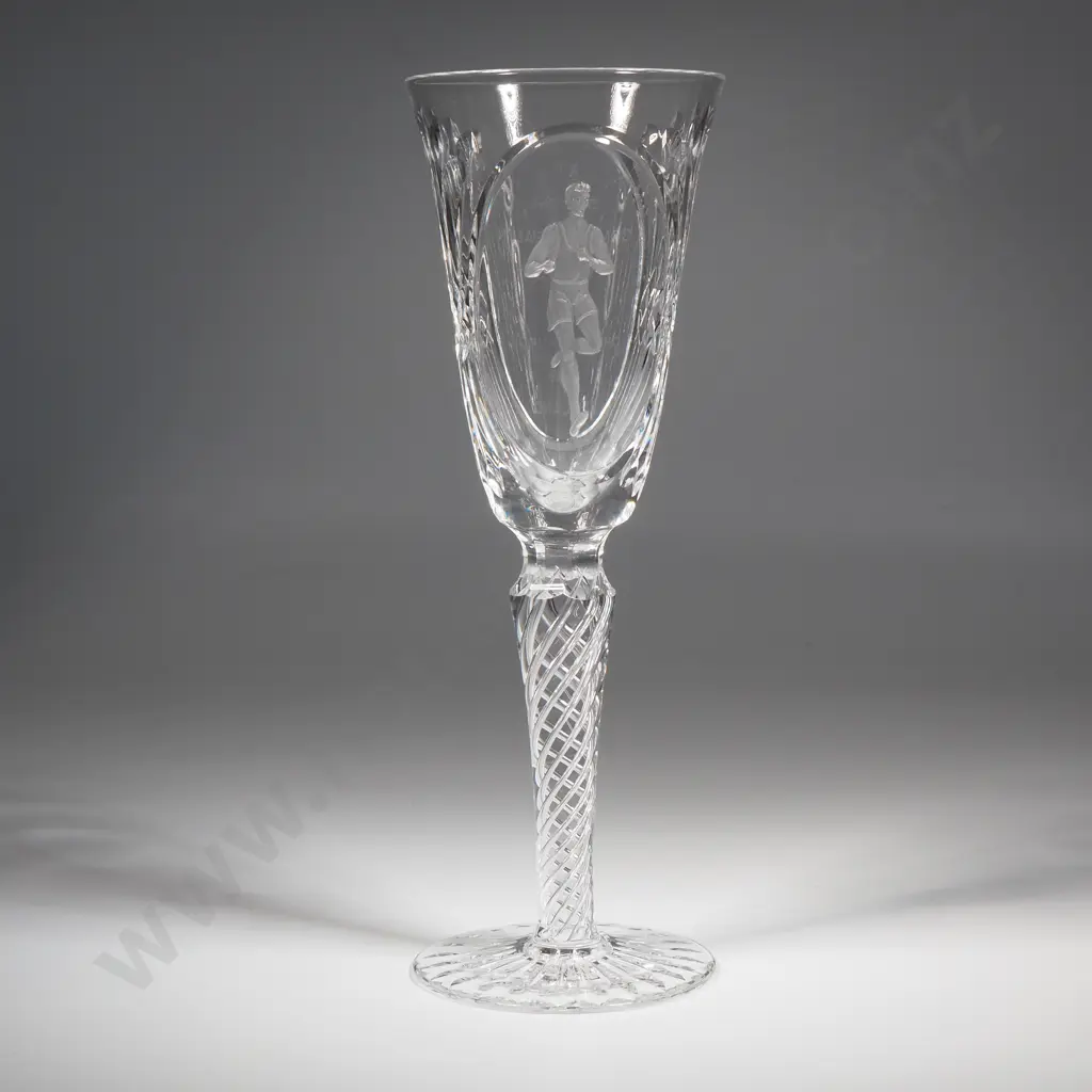 Boxed  Webb & Corbett Stemmed Crystal Champagne Glass w Air Twist Stem Commemorating The  1974 ChCh Commonwealth Games  Image 1++