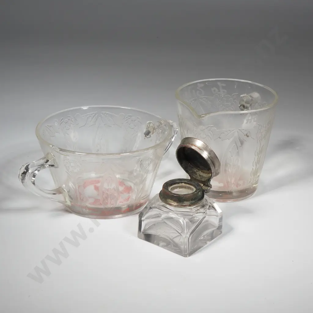 Pressed Glass NZ Centennial Sugar Bowl & Cream Jug & A  Small Glass Inkwell  Image 1++