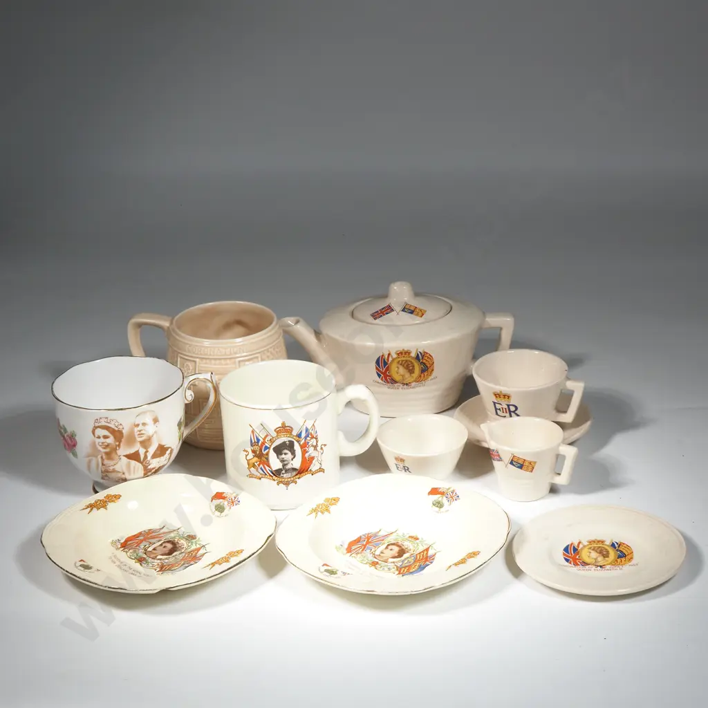 Collection Of Queen Elizabeth China: Coronation Mug, Coronation Teapot, Two Small Saucers & Milk Jug, Sugar & Cup. Image 1++