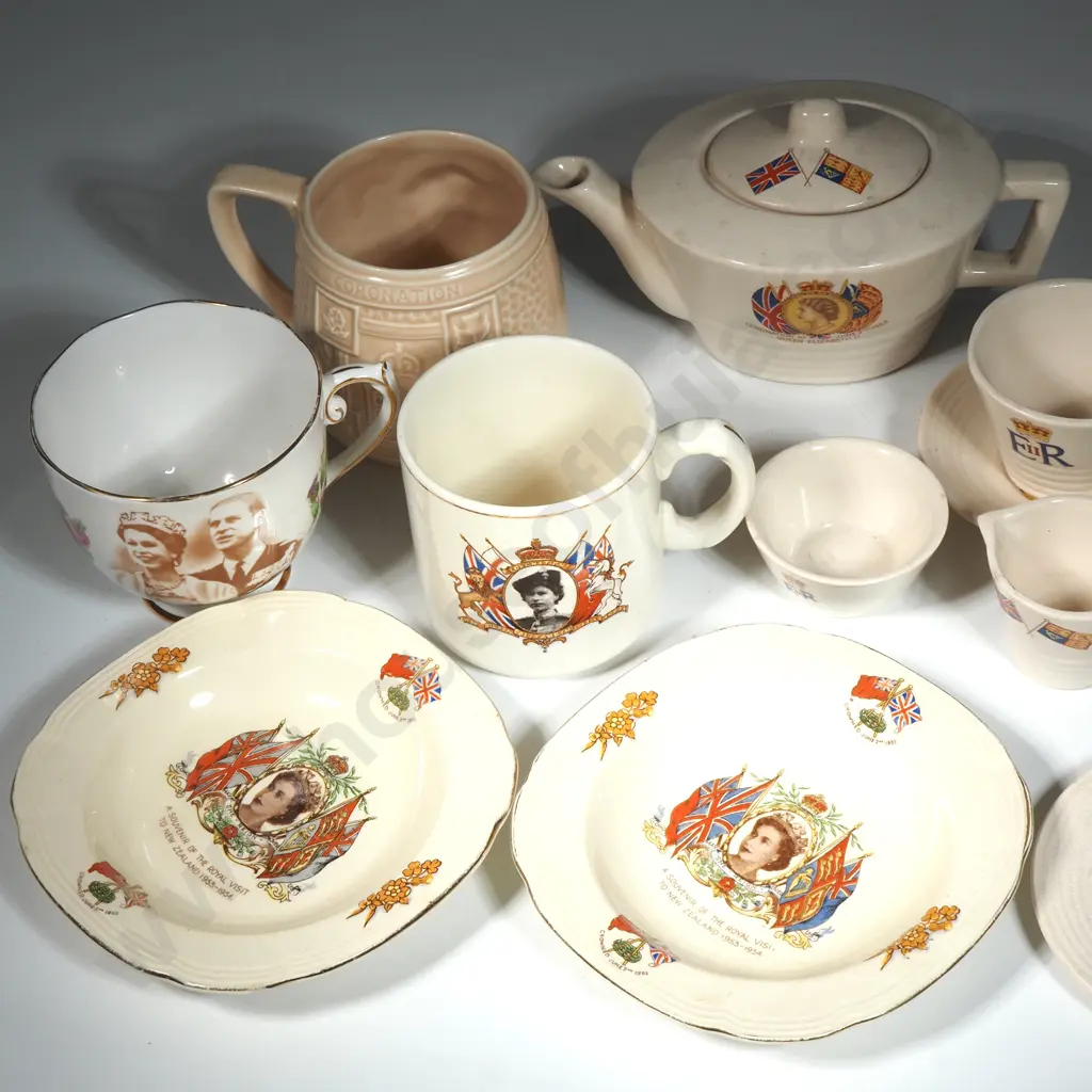 Collection Of Queen Elizabeth China: Coronation Mug, Coronation Teapot, Two Small Saucers & Milk Jug, Sugar & Cup. Image 1++