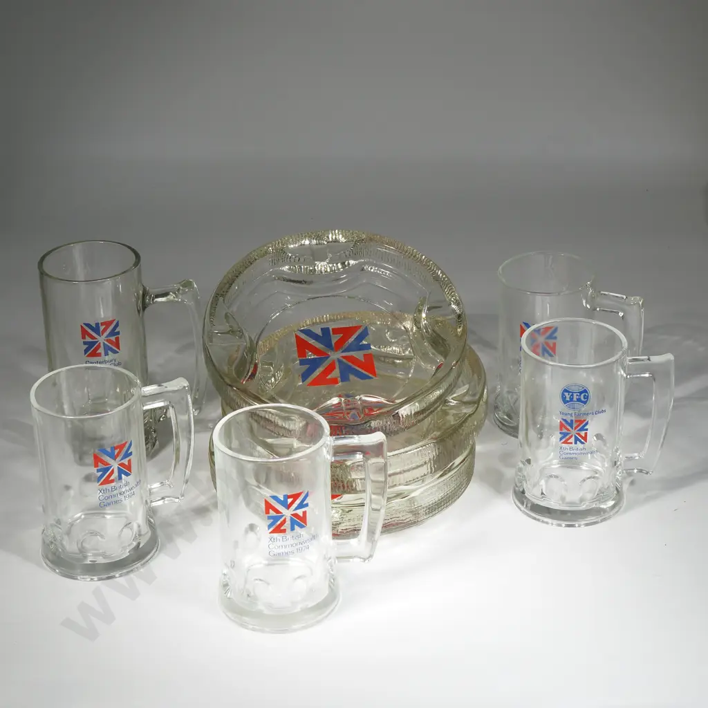 Three Large  Glass Commonwealth Games Ashtrays & Five Matching Beer Mugs Image 1++