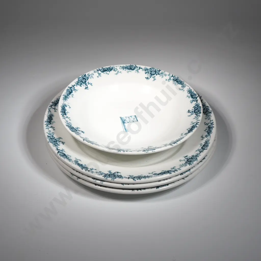 Three Large Plates and One Small Bowl with 'KTSC' and Floral Patterning: John Maddock & Sons. Image 1++